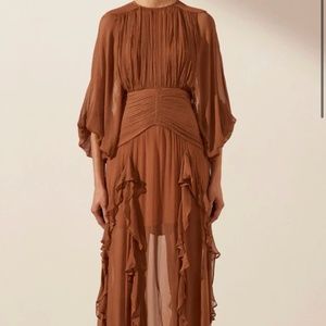 LÈONIE ROUND NECK BALLOON SLEEVE MAXI DRESS - ALMOND